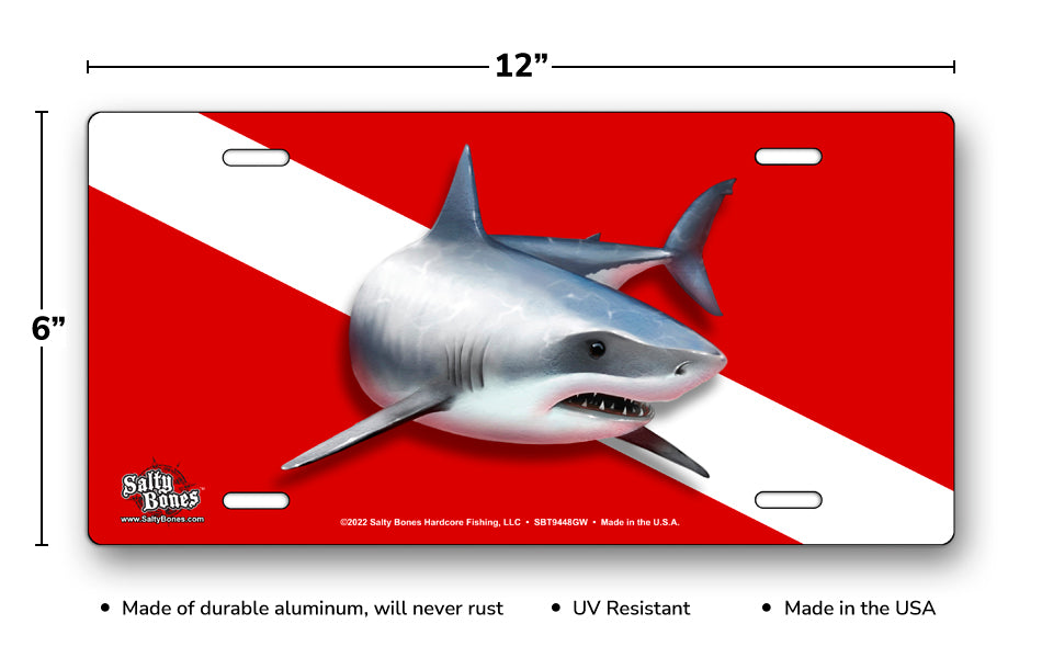 Salty Bones Great White on Dive Flag License Plate