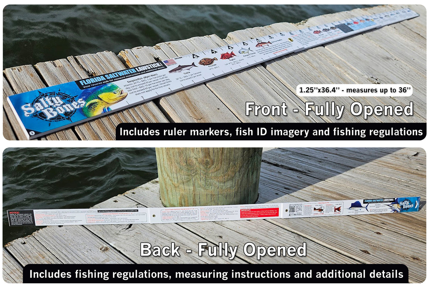 Salty Bones Florida Saltwater Lawstick - Double-Sided 36" Folding Fishing Ruler with Florida's Atlantic and Gulf Guidelines