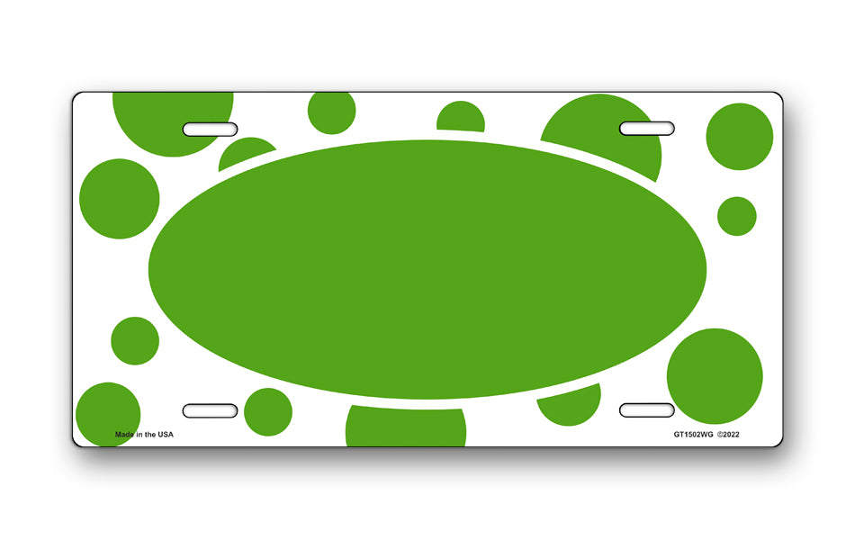 Green Polka Dots on White with Green Oval License Plate