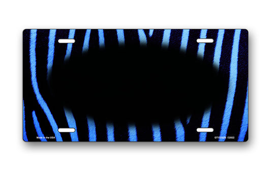 Blue and Black Zebra Fur with Black Oval License Plate