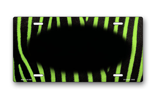 Green and Black Zebra Fur with Black Oval License Plate