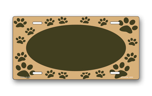 Brown Paw Prints on Tan with Brown Oval License Plate