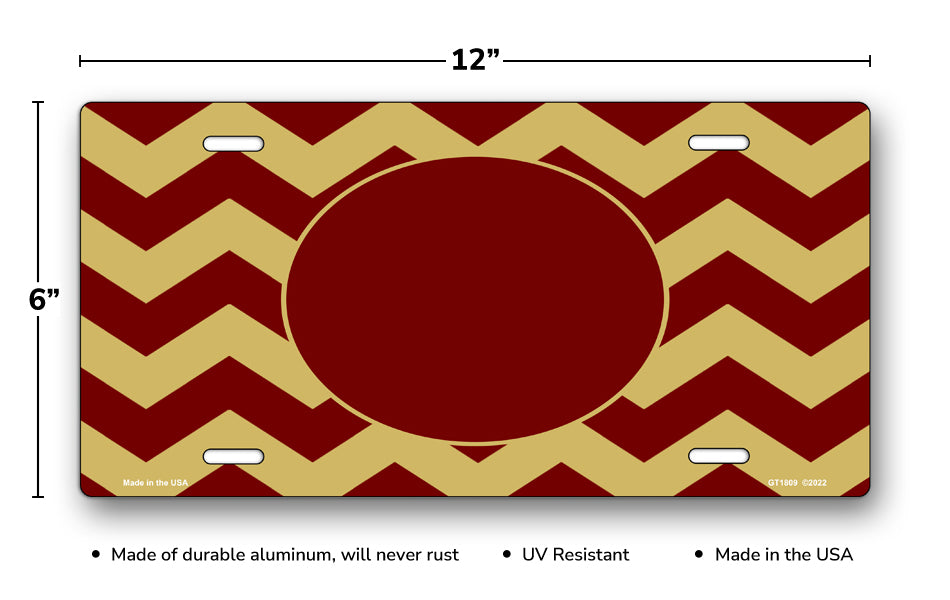 Maroon Oval and Chevron on Gold License Plate