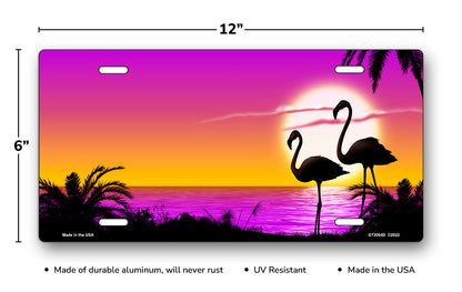 Purple and Yellow Beach Flamingos Scenic License Plate