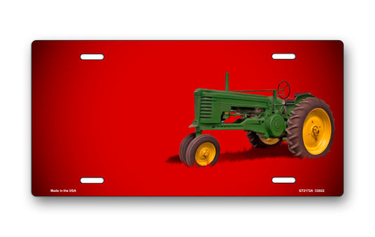 Green Tractor on Red Offset License Plate