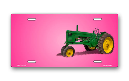 Green Tractor on Pink Offset License Plate