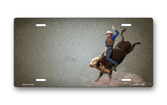 Bull Rider on Gray Offset License Plate