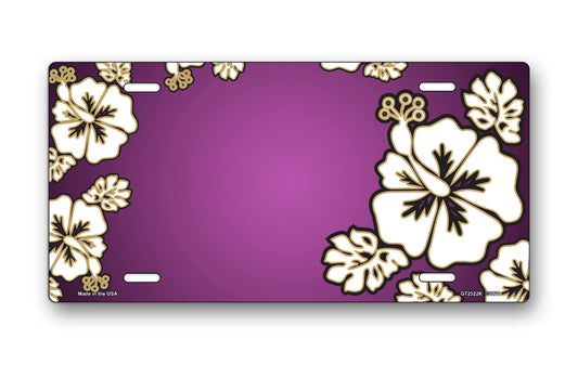 White Hibiscus on Purple License Plate