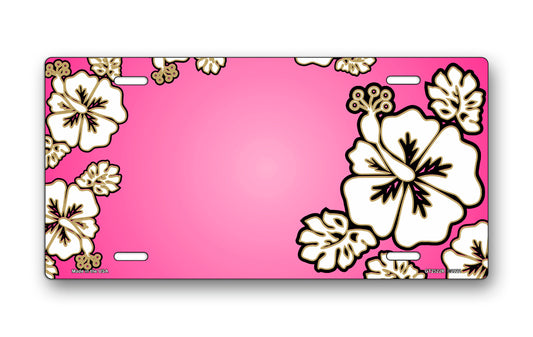 White Hibiscus on Pink License Plate