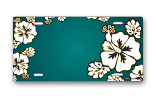White Hibiscus on Teal License Plate