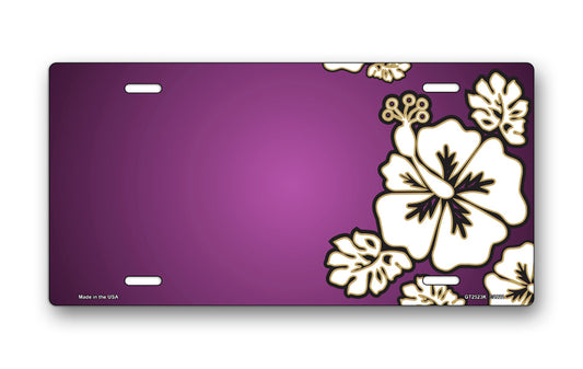 White Hibiscus on Purple Offset License Plate