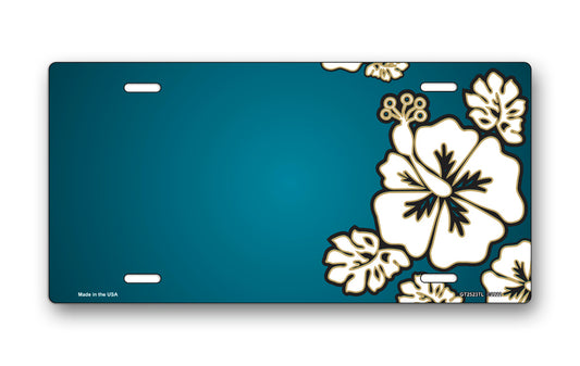 White Hibiscus on Teal Offset License Plate