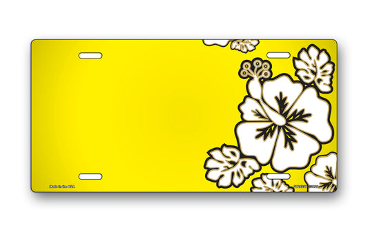 White Hibiscus on Yellow Offset License Plate