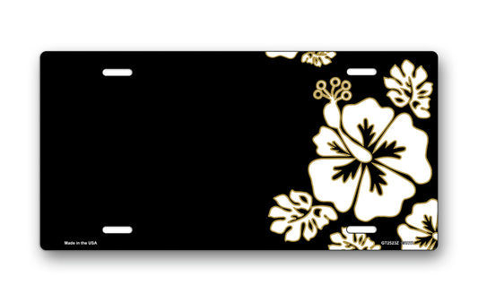 White Hibiscus on Black Offset License Plate