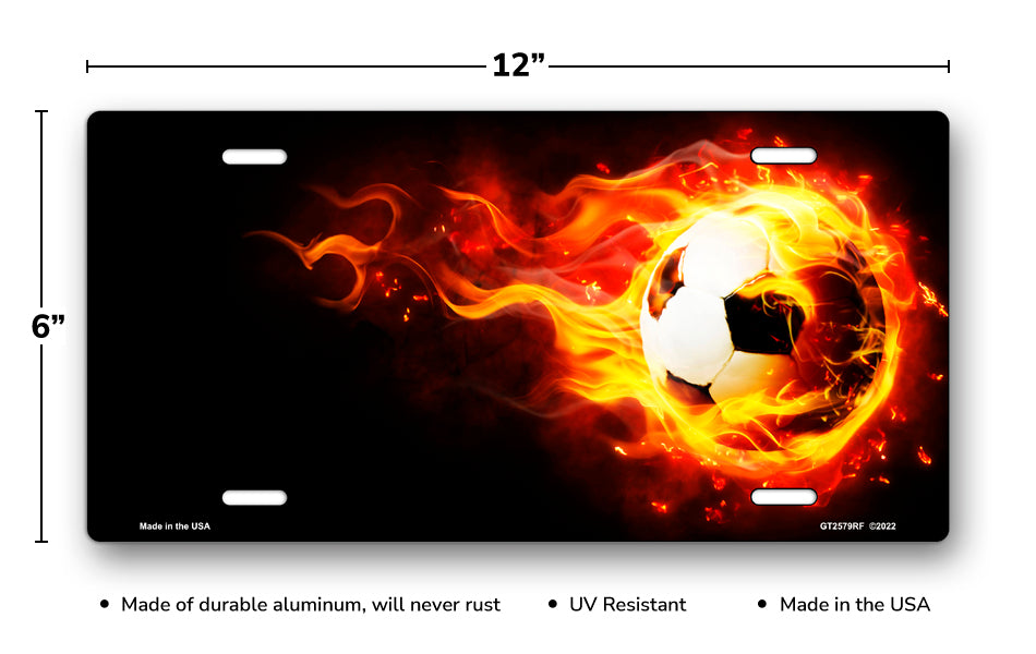 Soccer Fireball on Black Offset License Plate