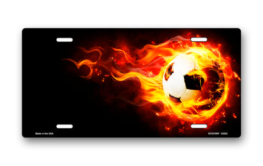 Soccer Fireball on Black Offset License Plate