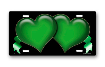 Green Hearts and Ribbons on Black License Plate