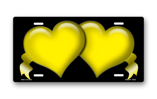 Yellow Hearts and Ribbons on Black License Plate