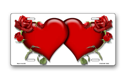 Red Hearts and Roses on White License Plate
