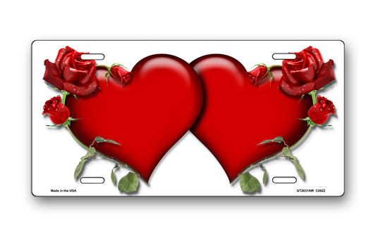 Red Hearts and Roses on White License Plate