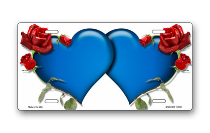 Blue Hearts and Red Roses on White License Plate