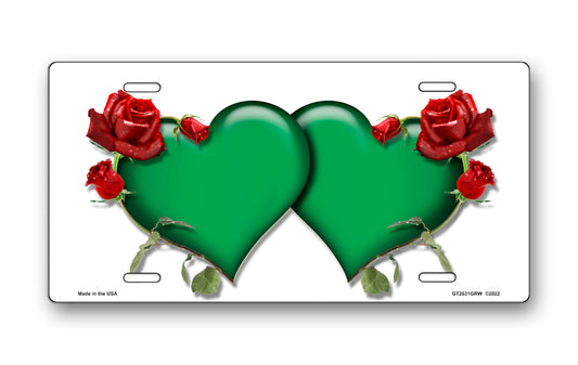 Green Hearts and Red Roses on White License Plate