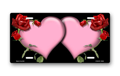 Pink Hearts and Red Roses on Black License Plate