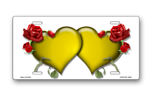 Yellow Hearts and Red Roses on White License Plate