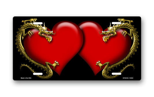 Dragons and Red Hearts on Black License Plate