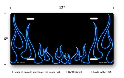 Blue Neon Classic Flames License Plate