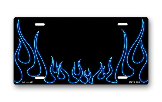 Blue Neon Classic Flames License Plate