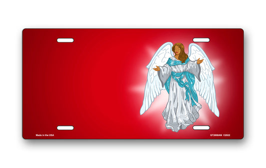 Dark Skin Angel on Red Offset License Plate