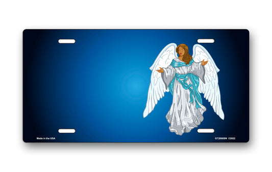 Dark Skin Angel on Blue Offset License Plate