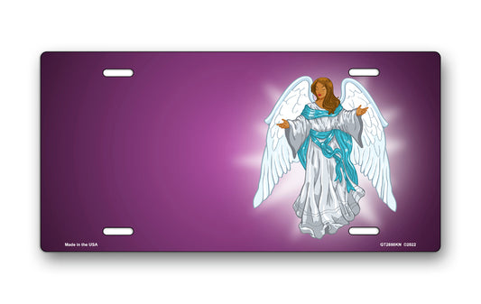 Dark Skin Angel on Purple Offset License Plate