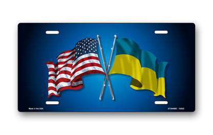 Crossed American and Ukraine Flags on Blue License Plate