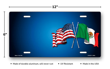 Crossed American and Mexican Flags on Blue Offset License Plate
