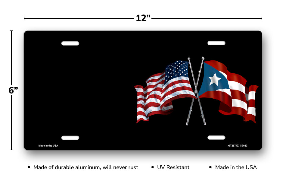 Crossed American and Puerto Rican Flags on Black Offset License Plate
