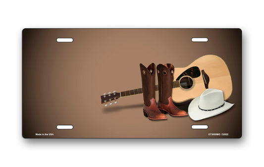 Cowboy Boots, Hat, and Guitar on Mocha Offset License Plate
