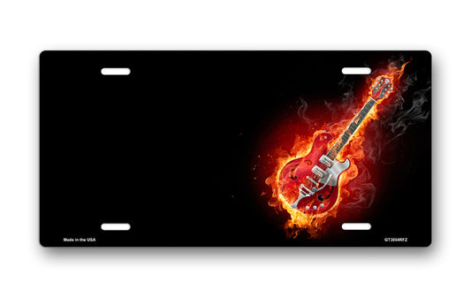 Fire Guitar on Black Offset License Plate