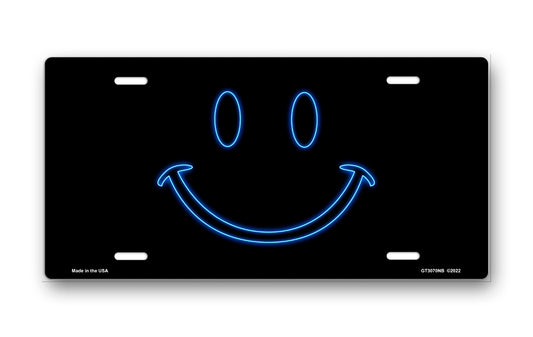 Blue Neon Smiley on Black License Plate