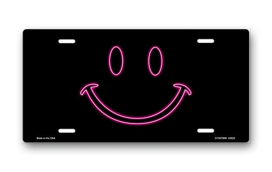 Pink Neon Smiley on Black License Plate