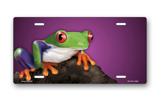 Tree Frog on Stone on Purple Offset License Plate