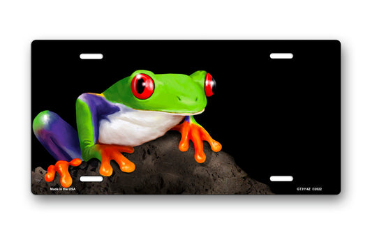 Tree Frog on Stone on Black Offset License Plate