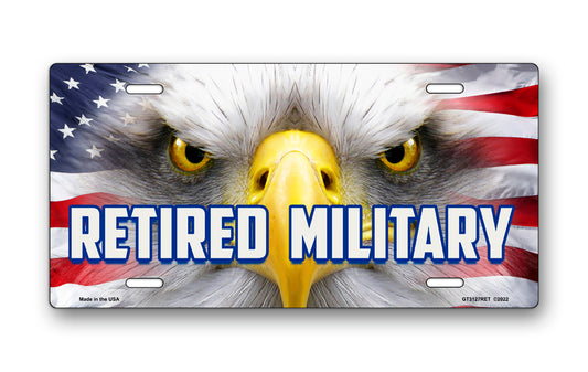 Retired Military Eagle Face on American Flag License Plate