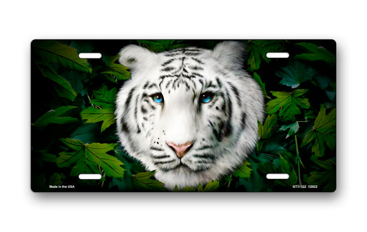 White Tiger on Leaves License Plate