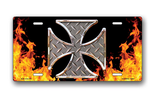 Diamond Plate Iron Cross with Realistic Flames on Black License Plate