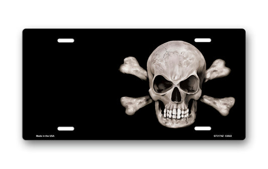 Skull and Crossbones on Black Offset License Plate