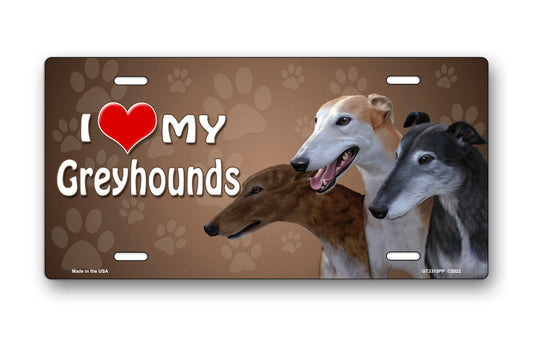 I Love My Greyhounds on Paw Prints License Plate