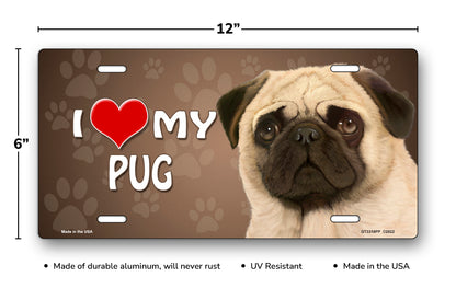 I Love My Pug on Paw Prints License Plate