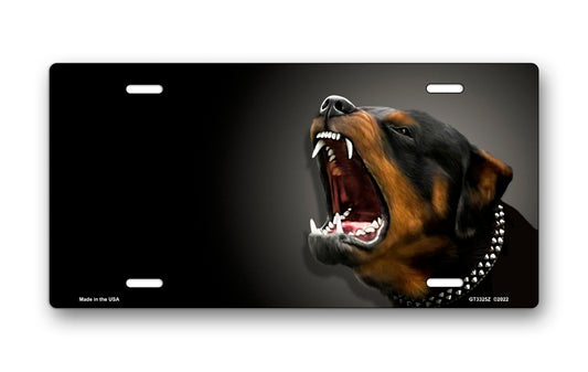 Rottweiler Barking on Black Offset License Plate